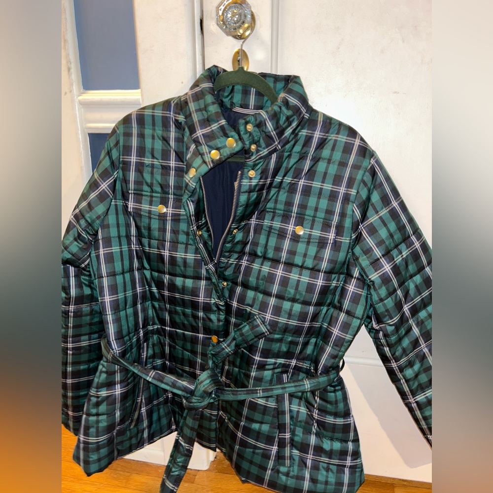 J. Crew Green Plaid Puffer Jacket